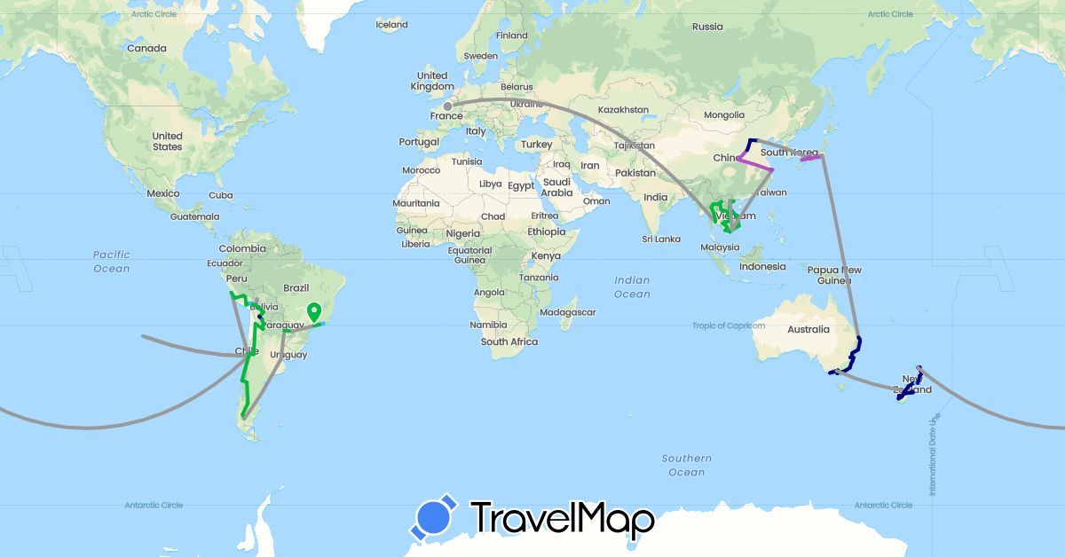 TravelMap itinerary: driving, bus, plane, train, hiking, boat in Argentina, Australia, Bolivia, Brazil, Chile, China, France, Japan, Cambodia, Laos, New Zealand, Peru, Paraguay, Thailand, Vietnam (Asia, Europe, Oceania, South America)