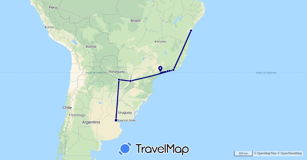 TravelMap itinerary: driving in Argentina, Brazil, Paraguay (South America)