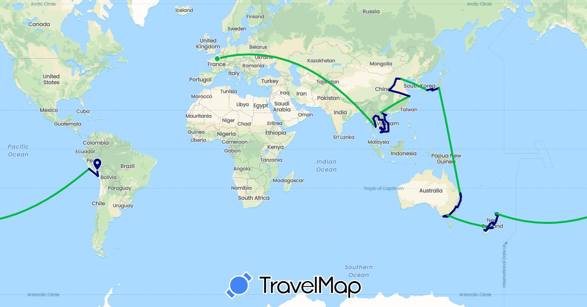 TravelMap itinerary: driving, bus in Australia, China, France, Japan, Cambodia, Laos, New Zealand, Peru, Thailand, Vietnam (Asia, Europe, Oceania, South America)